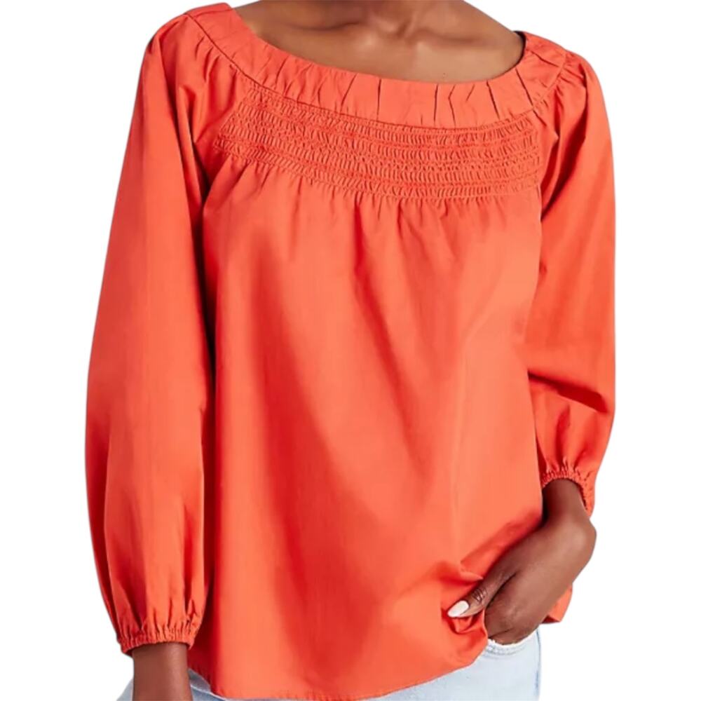 Anthropologie Maeve Jessie Smocked Swing Blouse Puff Sleeve 100% Cotton Coral S